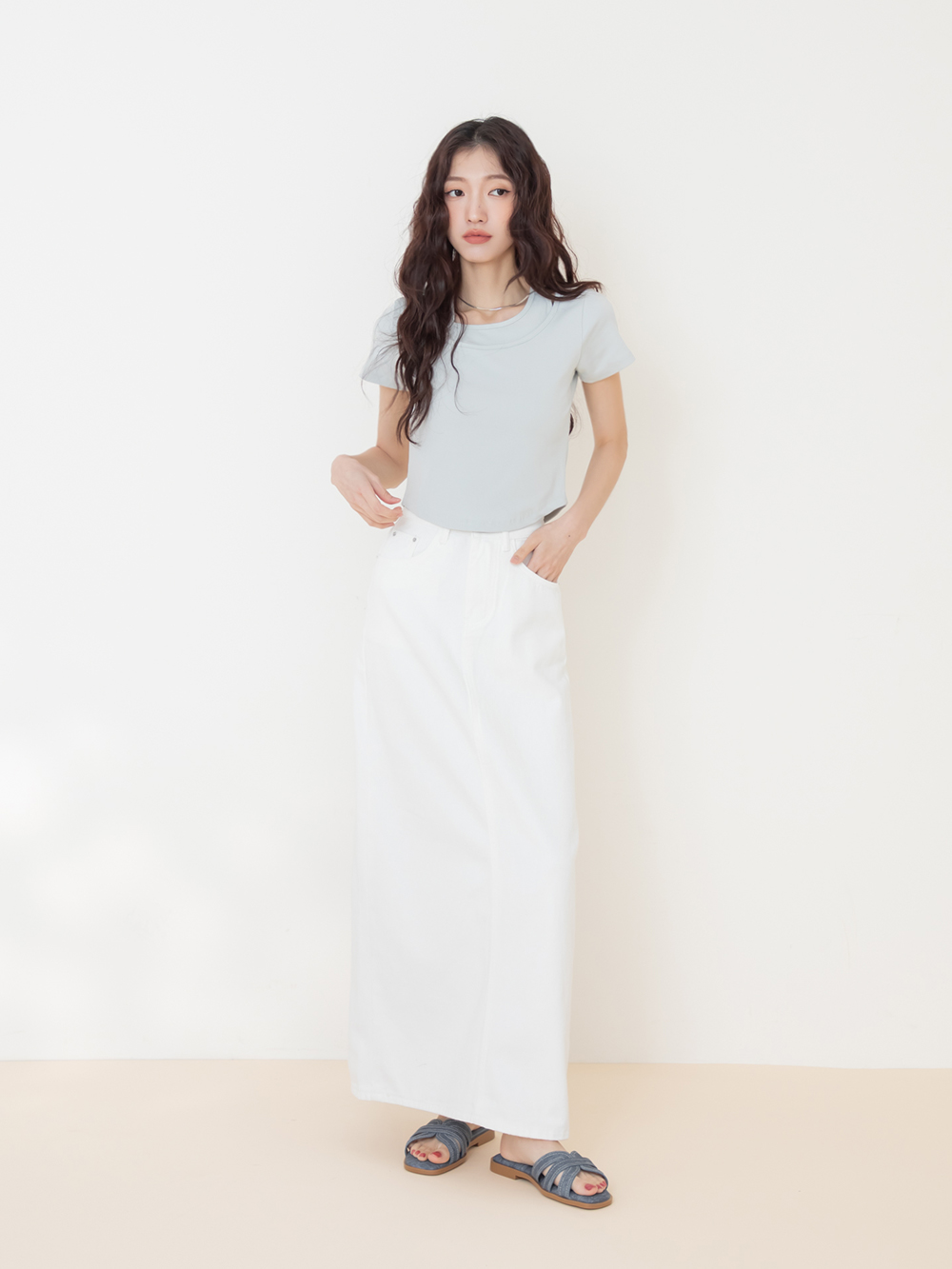 慵懶假期立體車線平底拖鞋 牛仔藍