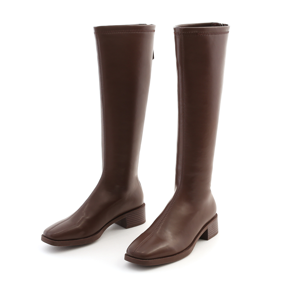 Square Toe Rubber Heel Tall Boots Dark Brown