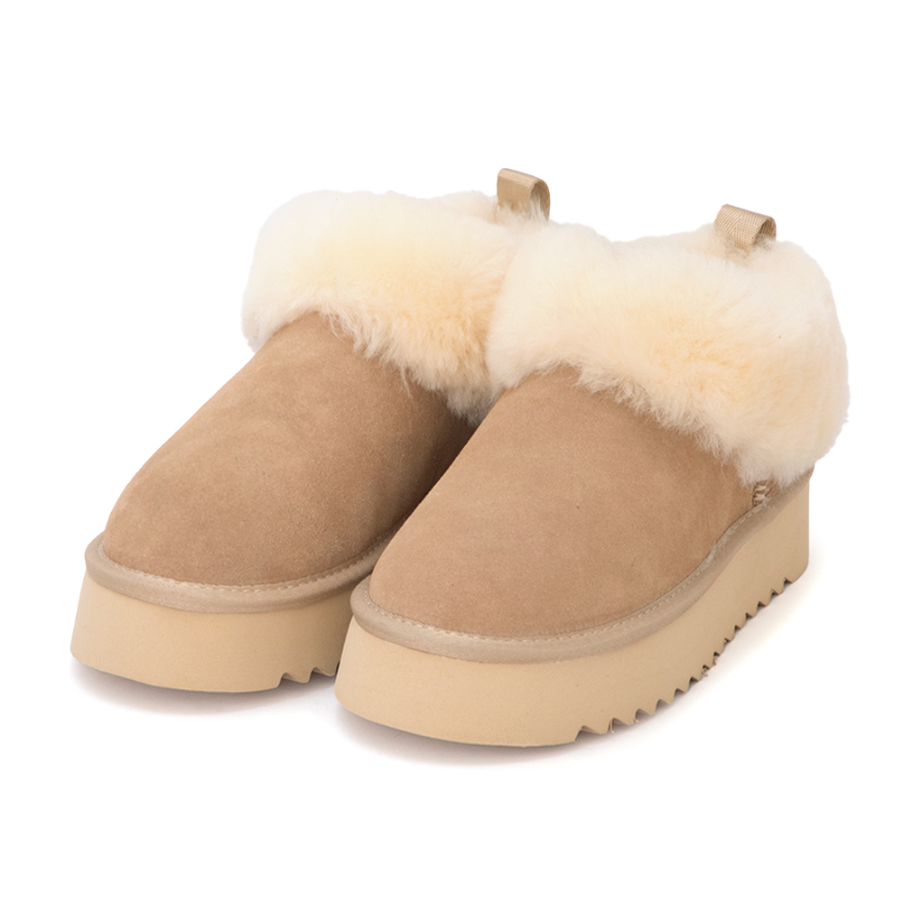 暖暖泡芙厚底翻毛真皮雪靴 米色