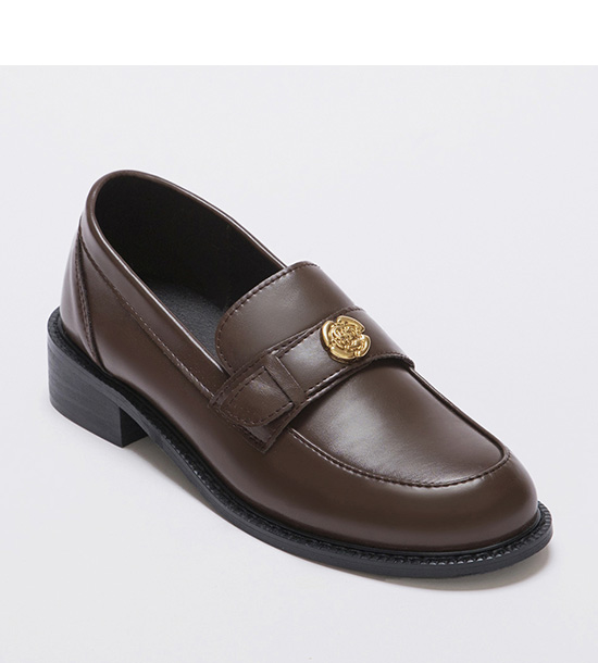 Camellia Golden Coin Decor Low-Heeled Loafers Dark Brown