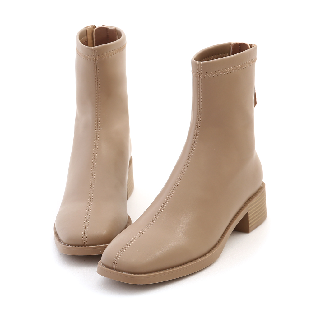 百搭時尚．中車線方頭木紋跟襪靴 奶茶杏