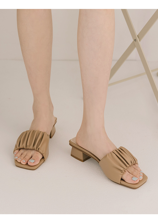 Ruched Detail Wide Strap Low Heel Sandals Beige