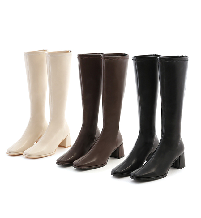 Plain Square Toe High-Heel Slimming Tall Boots Vanilla