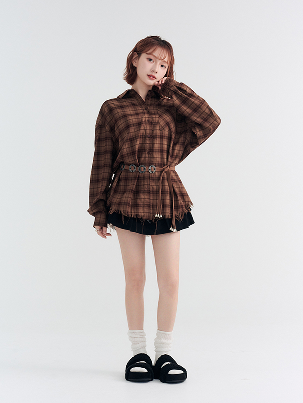 QQ小捲毛一字雙帶厚底拖鞋 黑色