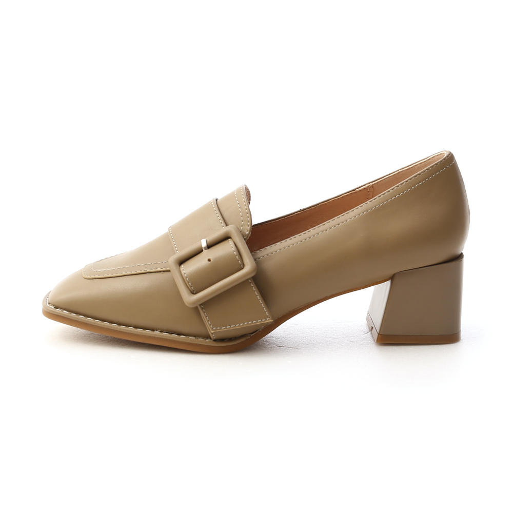 Square Toe Mid-Heel Buckle Loafers Olive Green