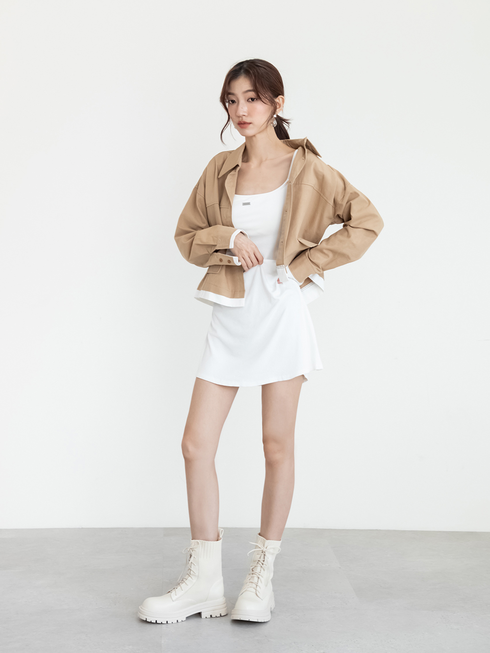 個性boy風針織拼接綁帶短靴 米白色