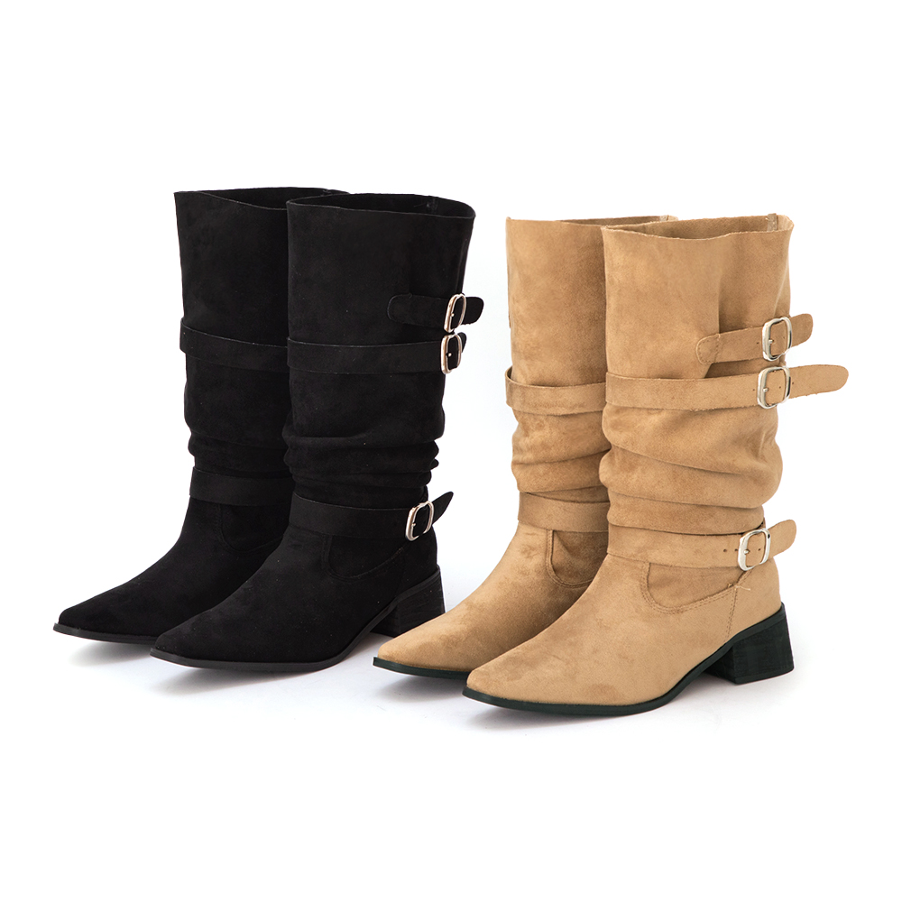 全場焦點絨面釦環尖頭中筒靴 卡其色