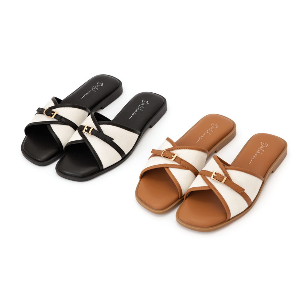 南法時光拼接設計平底拖鞋 黑