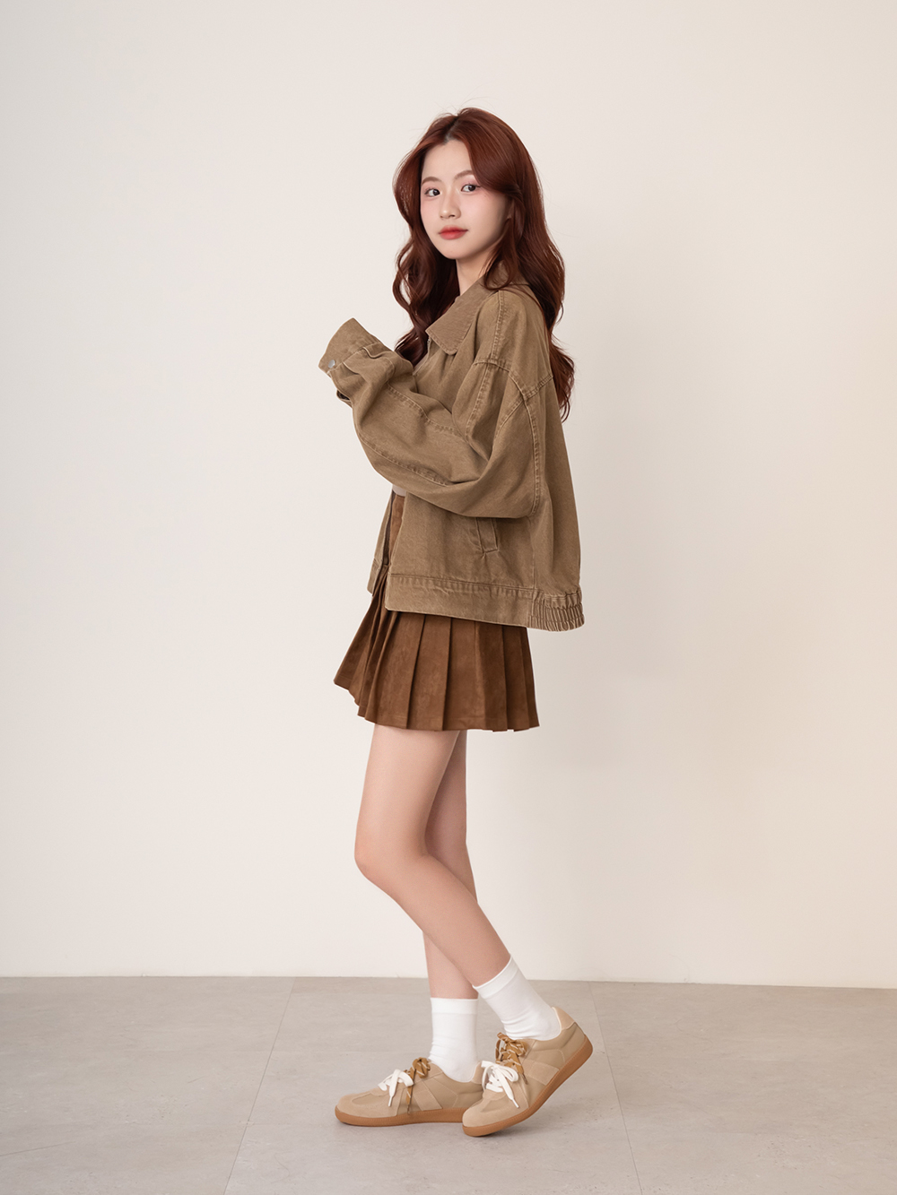 復古色調雙色鞋帶真皮德訓鞋 杏色