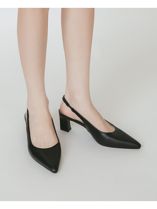 Plain Pointed Toe Mid-Heel Slingback Pumps Black