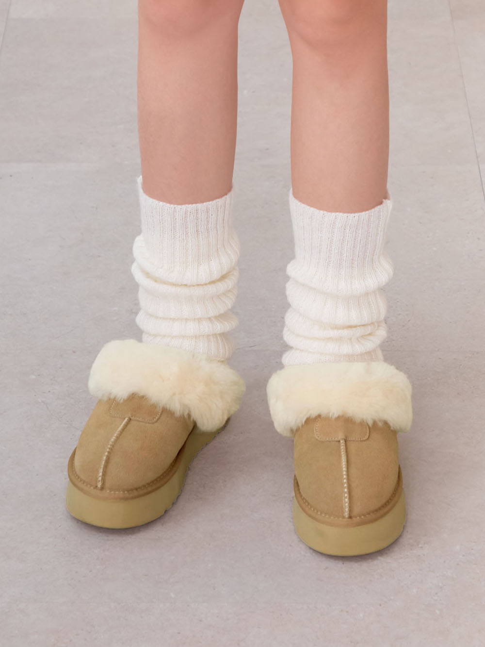 雪地精靈.真皮羊毛厚底雪靴拖鞋 沙色