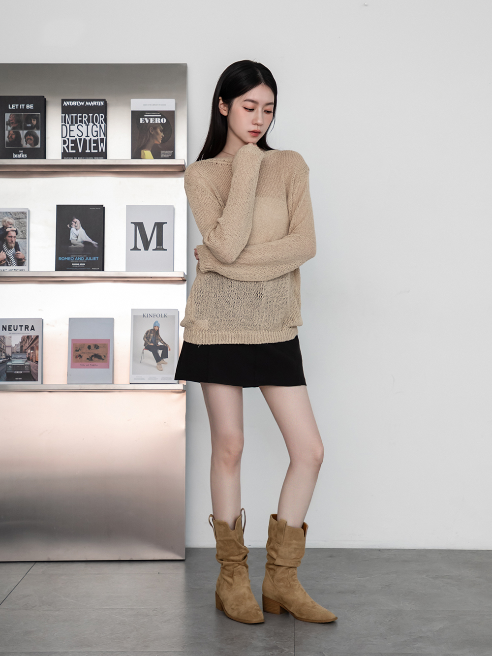 美拉德V口內增高西部堆堆靴 杏色