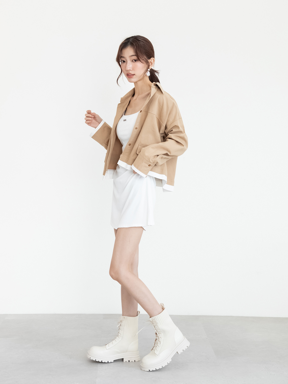 個性boy風針織拼接綁帶短靴 米白色