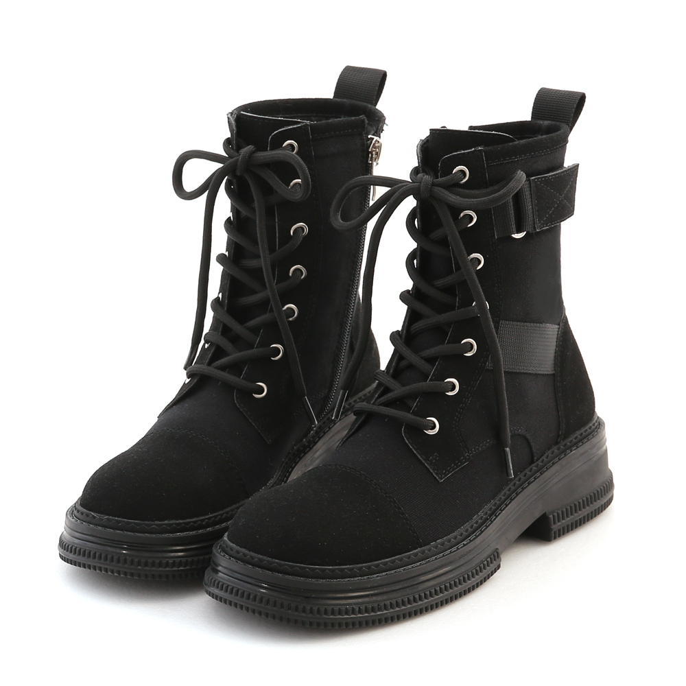 Stitching Lace-Up Biker Boots Black