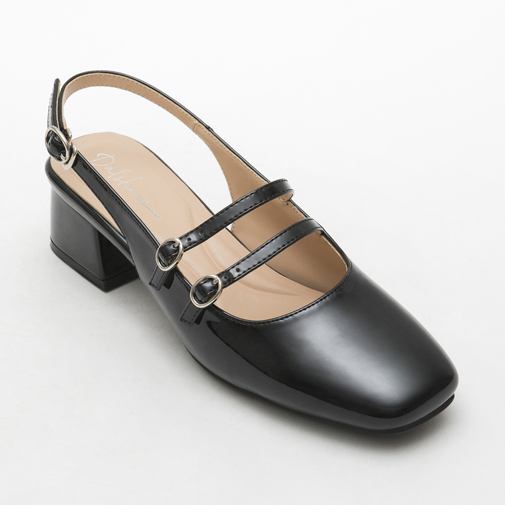 Patent Leather Double Strap Low-Heel Slingback Mary Jane Shoes Black