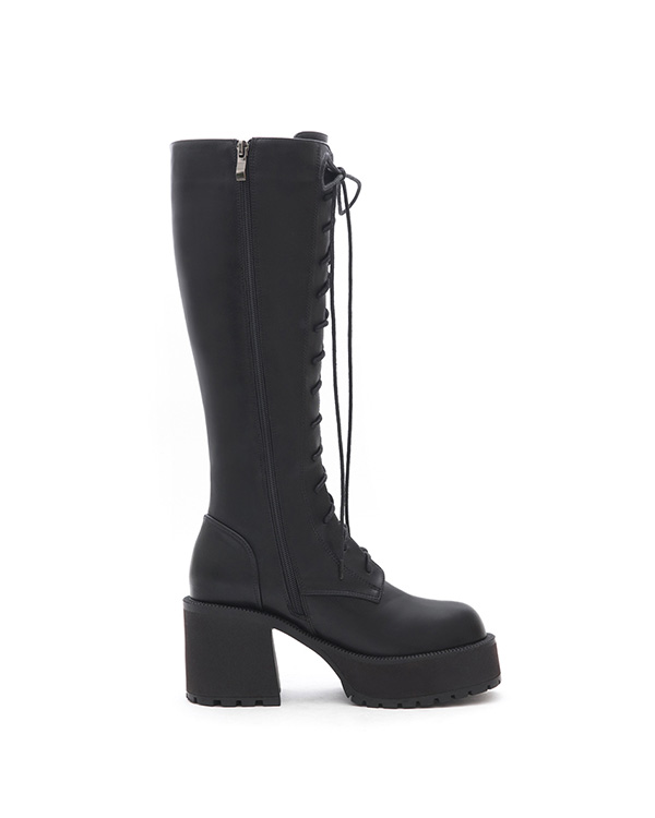 Thick-Sole High-Heel Lace-Up Boots Black