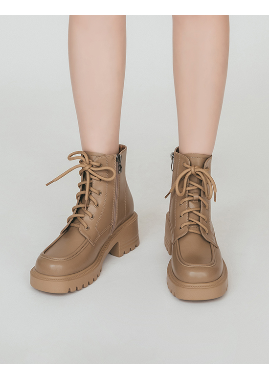 Lightweight Thick Sole Lace-Up Ankle Boots Beige