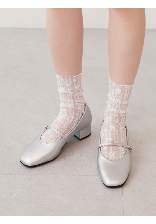 Elegant V-Cut Low Heel Mary Jane Shoes Silver