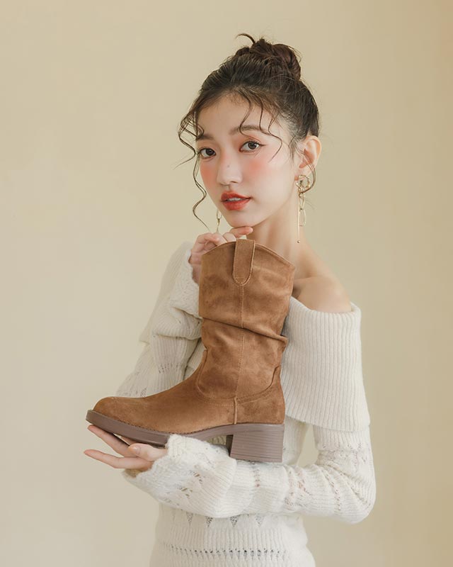 嬉皮小V口抓皺西部堆堆靴