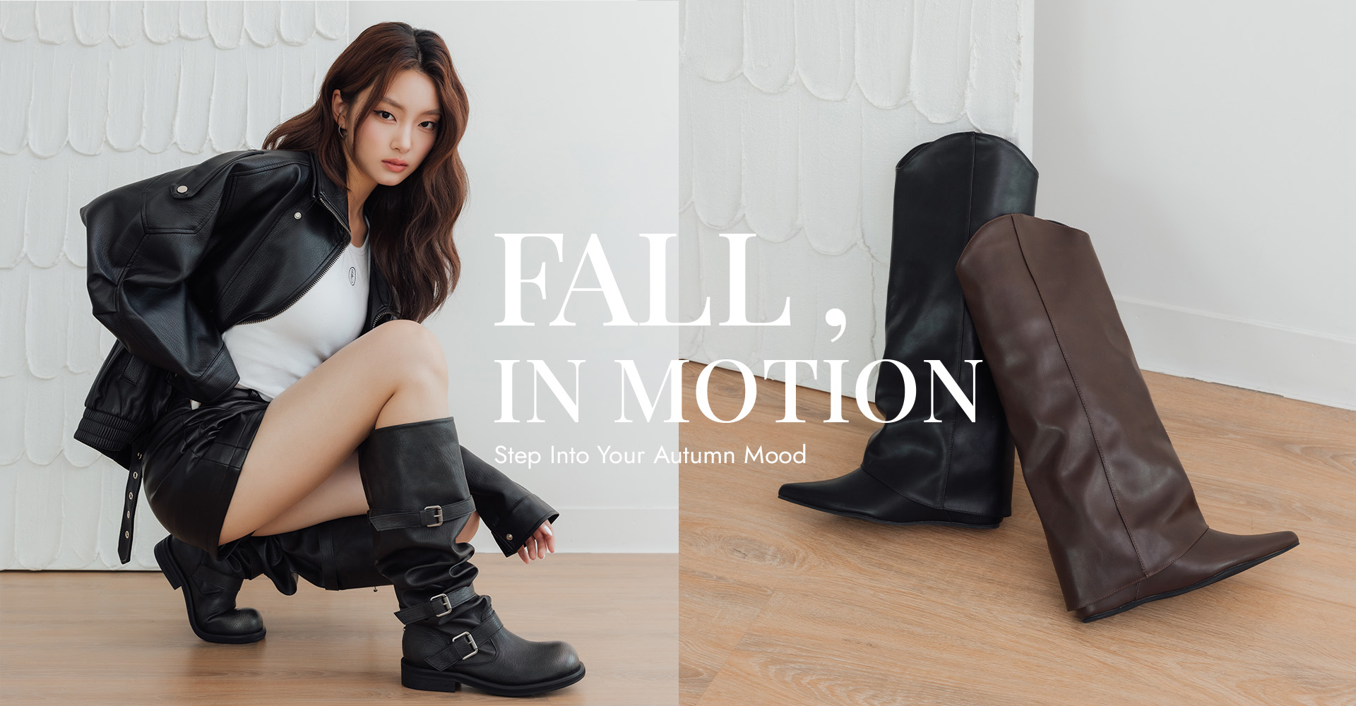 D+AF 初秋新品 FALL, IN MOTION 霸氣登場！精選個性工裝風仿舊感釦環堆堆長靴，獨特抓皺與金屬釦環細節完美展現率性氛圍。Step Into Your Autumn Mood，大步踏出你的秋日時髦步伐！