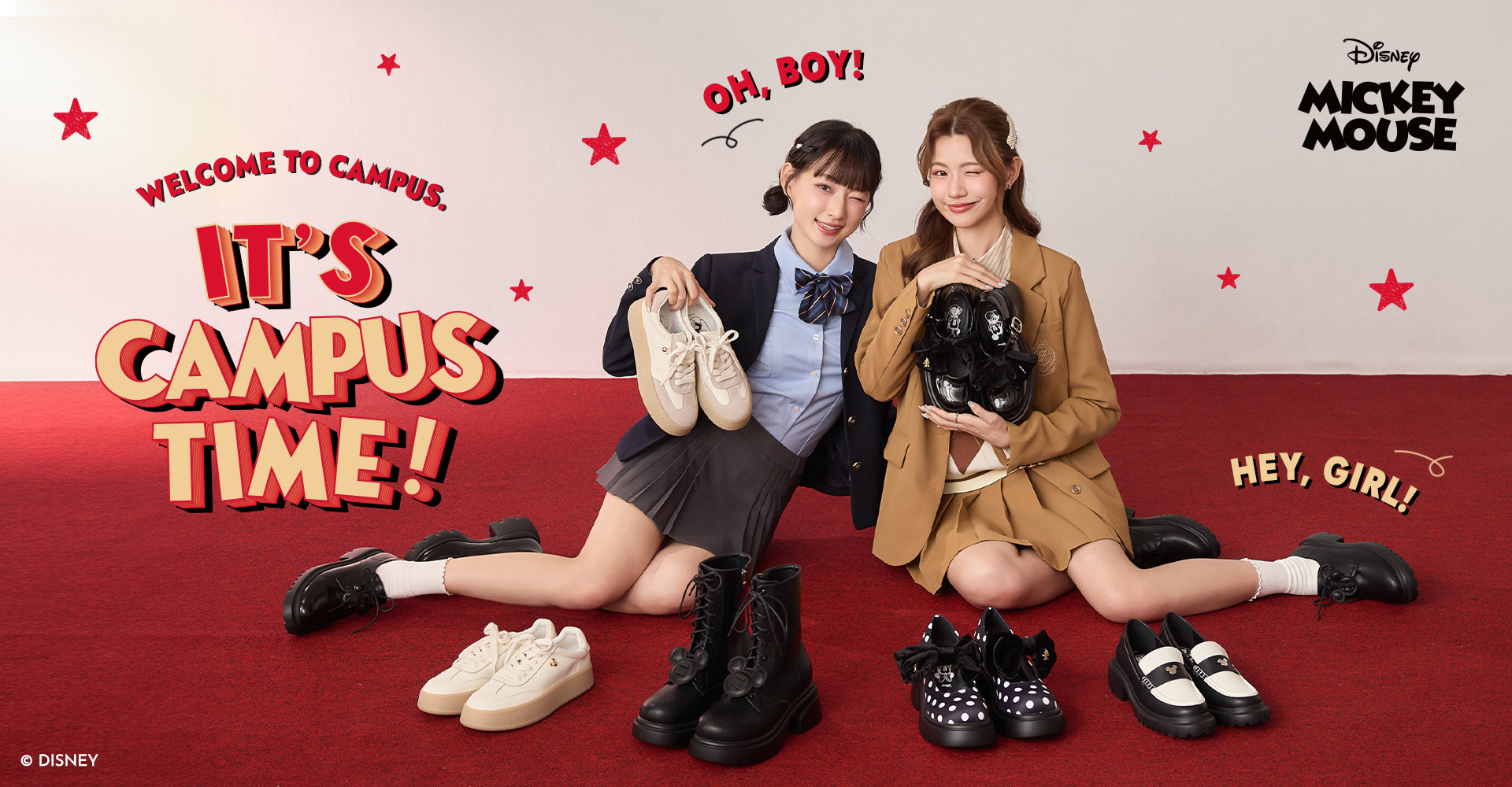 米奇與米妮校園俱樂部｜IT'S CAMPUS TIME! D+AF迪士尼授權時尚流行女鞋，集結德訓鞋、綁帶短靴、厚底瑪莉珍與樂福鞋，玩出俏皮復古 Campus Style。