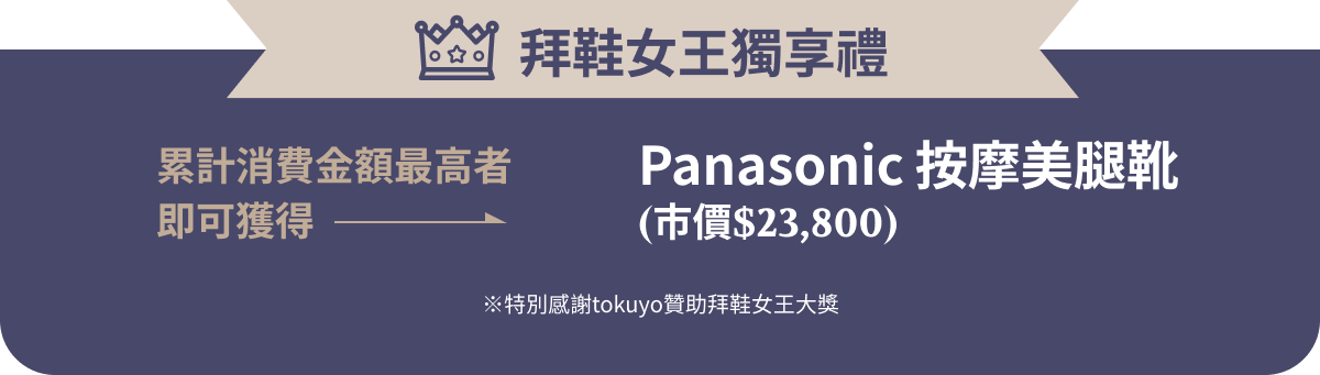 拜鞋女王獨享禮!累計消費金額最高者即可獲得:Panasonic按摩美腿靴(市價$23,800)