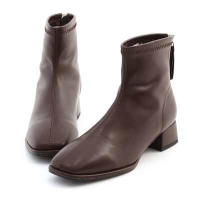 小棕靴(咖啡色短靴)推薦 中車線方頭低跟襪靴 咖啡色襪靴