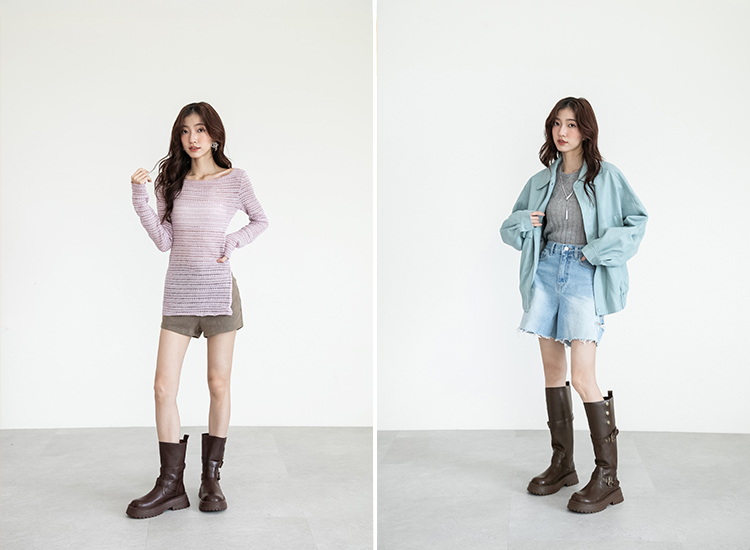 D+AF 復古騎士釦環排釦機車靴穿搭推薦｜金屬扣件搭配厚實皮革，短靴配百褶裙散發搖滾氣息，長靴搭風衣展現高挑比例，秋冬造型焦點首選。