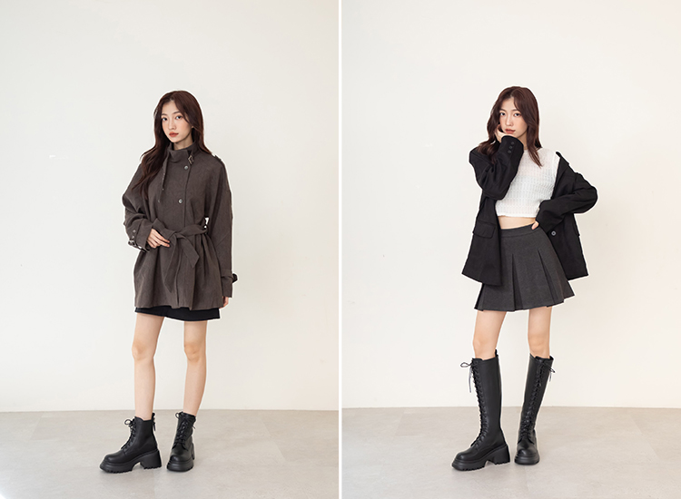 D+AF 女團風輕量厚底綁帶靴穿搭推薦｜短靴展現甜酷平衡感，長靴拉長腿型比例，厚底設計增高不費力，完美詮釋韓系女團氣場穿搭。