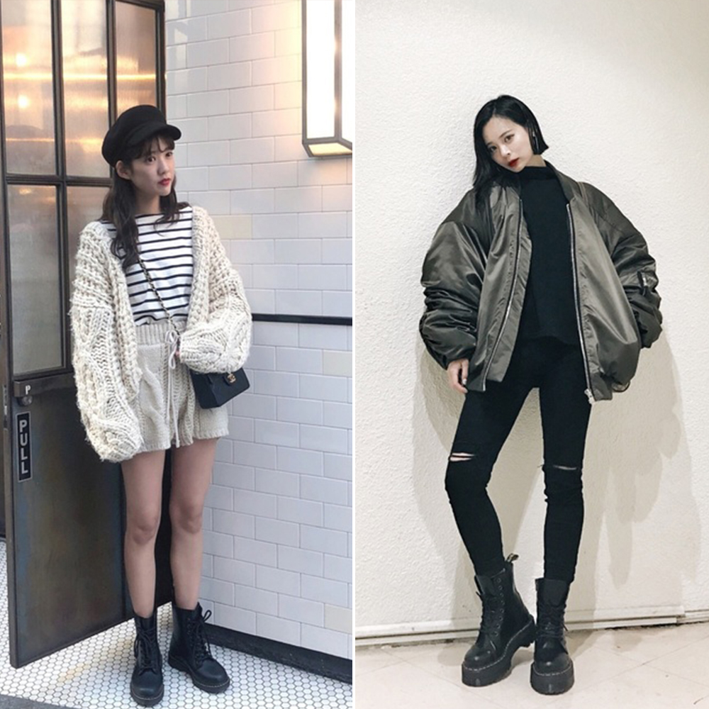 馬汀靴 馬汀鞋 馬丁靴黑色短筒穿搭,白色針織與 MA-1 外套示範街拍造型(圖片來源:Wear)