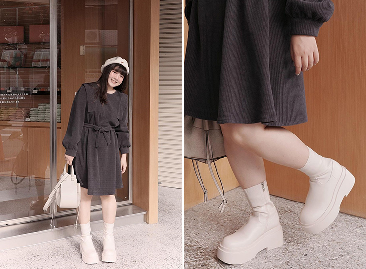 D+AF肉肉女孩短靴穿搭推薦 勁辣寶貝.Plus級加厚鬆糕底瘦瘦短靴 圖片來源:@chinchin0902