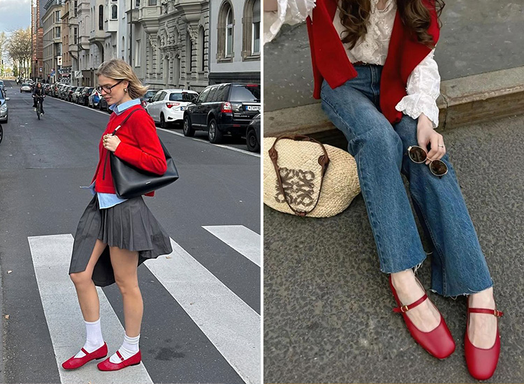 D+AF聖誕穿搭勃根地紅造型，紅色瑪莉珍鞋搭配百褶裙與牛仔褲，展現節慶感與復古氣質