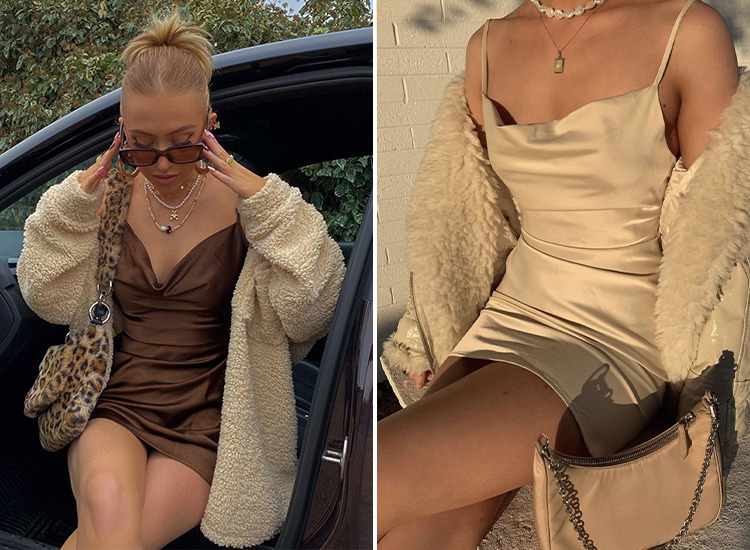 D+AF聖誕派對穿搭示範，緞面洋裝搭配毛絨外套與香檳色系配件，展現溫柔高級的節慶氛圍