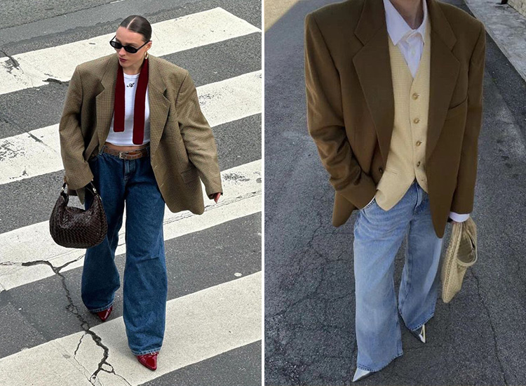 D+AF尾牙派對穿搭示範，寬版西裝外套搭配牛仔寬褲與尖頭鞋，展現從辦公室轉場晚宴的俐落氣場