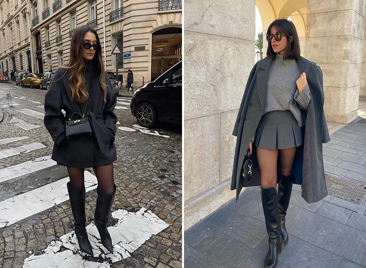 D+AF跨年派對穿搭示範，深色大衣搭配短裙與膝下高筒靴，營造顯瘦修長比例的都會派對造型