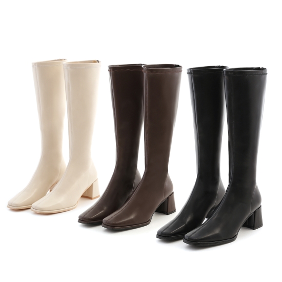 D+AF神級美腿．素面方頭高跟瘦瘦長靴，粗跟穩定好走，修飾腿型比例，適合跨年與派對穿搭。