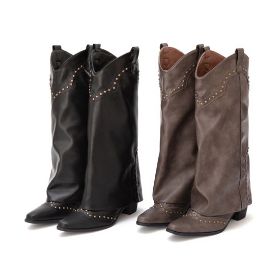 D+AF 隱形遮肉褲管長靴推薦 星光鉚釘V口復古西部褲管靴