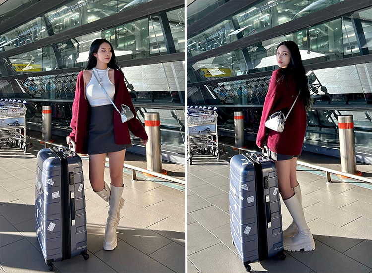 機場穿搭推薦 圖片來源：＠kimmy1207 美腿瘦瘦靴 長靴穿搭 D+AF 完美進化．增高厚底方糖瘦瘦長靴 