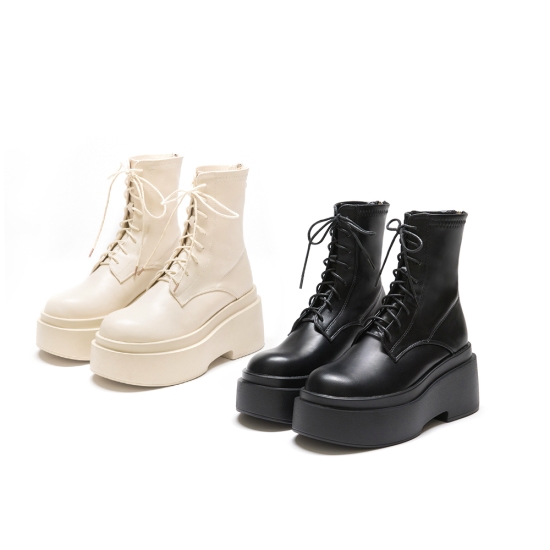 出國旅遊短靴穿搭推薦 D+AF 暗黑芭比．Plus級加厚鬆糕底綁帶短靴 美腿瘦瘦靴 瘦腿神器短靴 女鞋流行趨勢