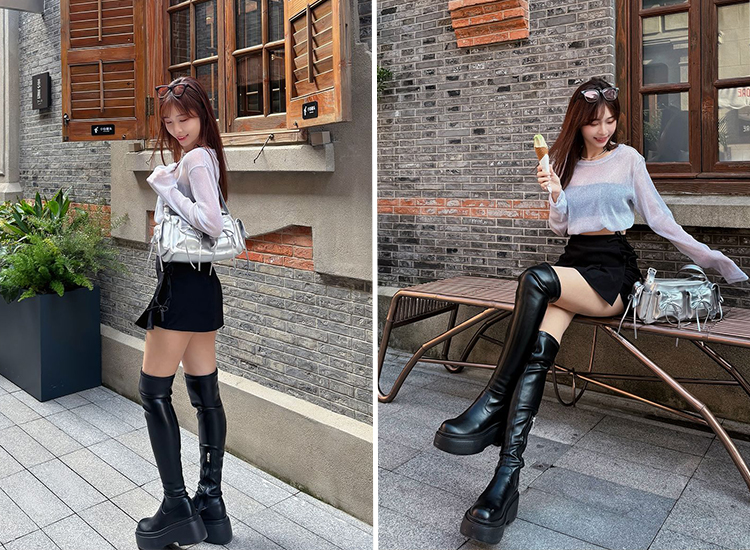 上海旅遊穿搭推薦 圖片來源：＠chillshushu D+AF 超激瘦．Plus級加厚鬆糕底 瘦瘦膝上靴 美腿瘦瘦靴 瘦腿神器長靴 女鞋流行趨勢 過膝靴 膝上靴