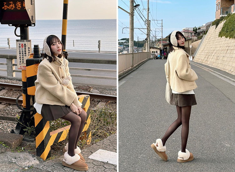 鎌倉高校前車站雪靴穿搭推薦 圖片來源：＠joyce_11.07 D+AF 軟綿萌寵．真皮羊毛厚底後拉帶雪靴拖鞋 保暖神器 女鞋流行趨勢 