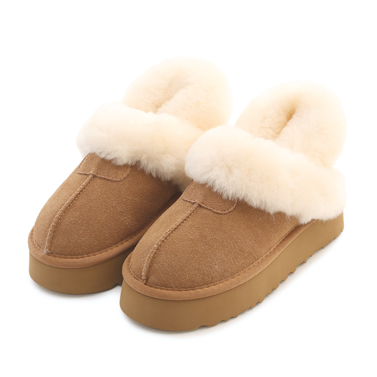 出國旅遊雪靴穿搭推薦 D+AF 軟綿萌寵．真皮羊毛厚底後拉帶雪靴拖鞋 保暖神器 女鞋流行趨勢 