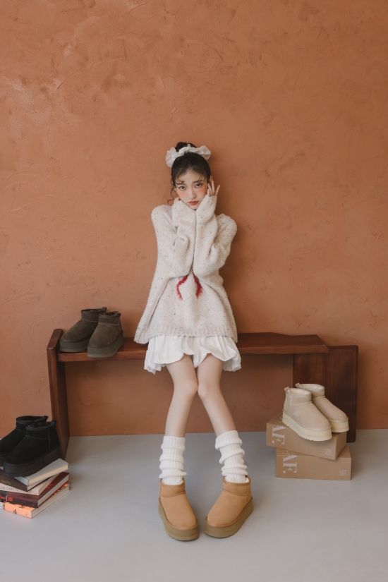 走春美鞋特輯冬戀5cm增高底真皮短筒雪靴 雪靴穿搭示範