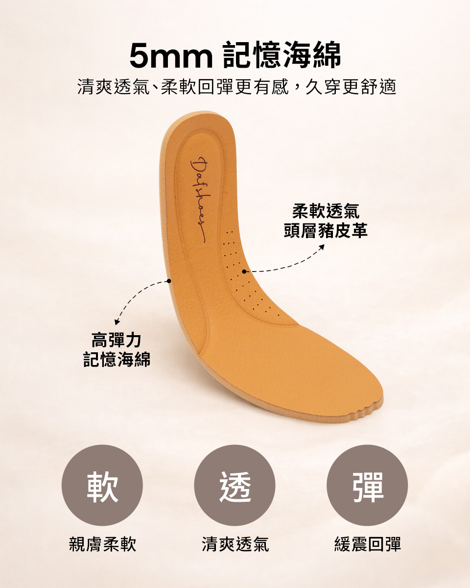 D+真皮樂福鞋鞋墊細節：5mm 記憶海綿與豬皮皮革，透氣且緩震回彈。