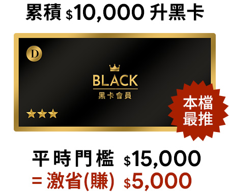 2026/1/5-2026/1/12 D+AF VIP 會員限時快升黑卡 活動期間累積消費滿 10,000 元直升黑卡會員,門檻下修現省 5,000 元,最高等級會員福利全面解鎖。