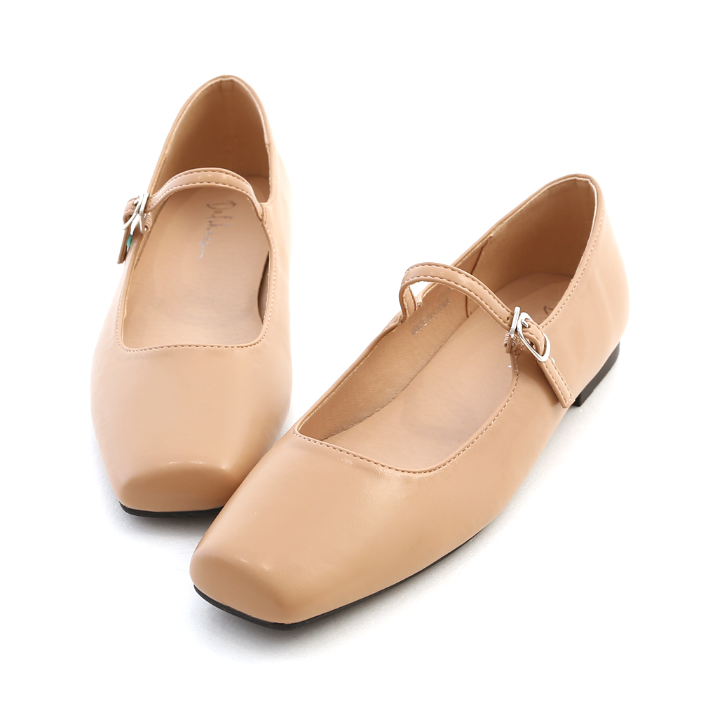 Square Toe Strappy Mary Jane Flats Beige