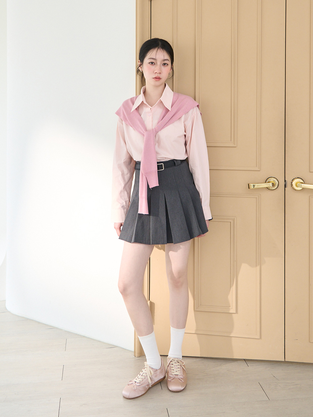 絲絨光感綁帶芭蕾風休閒鞋 粉色