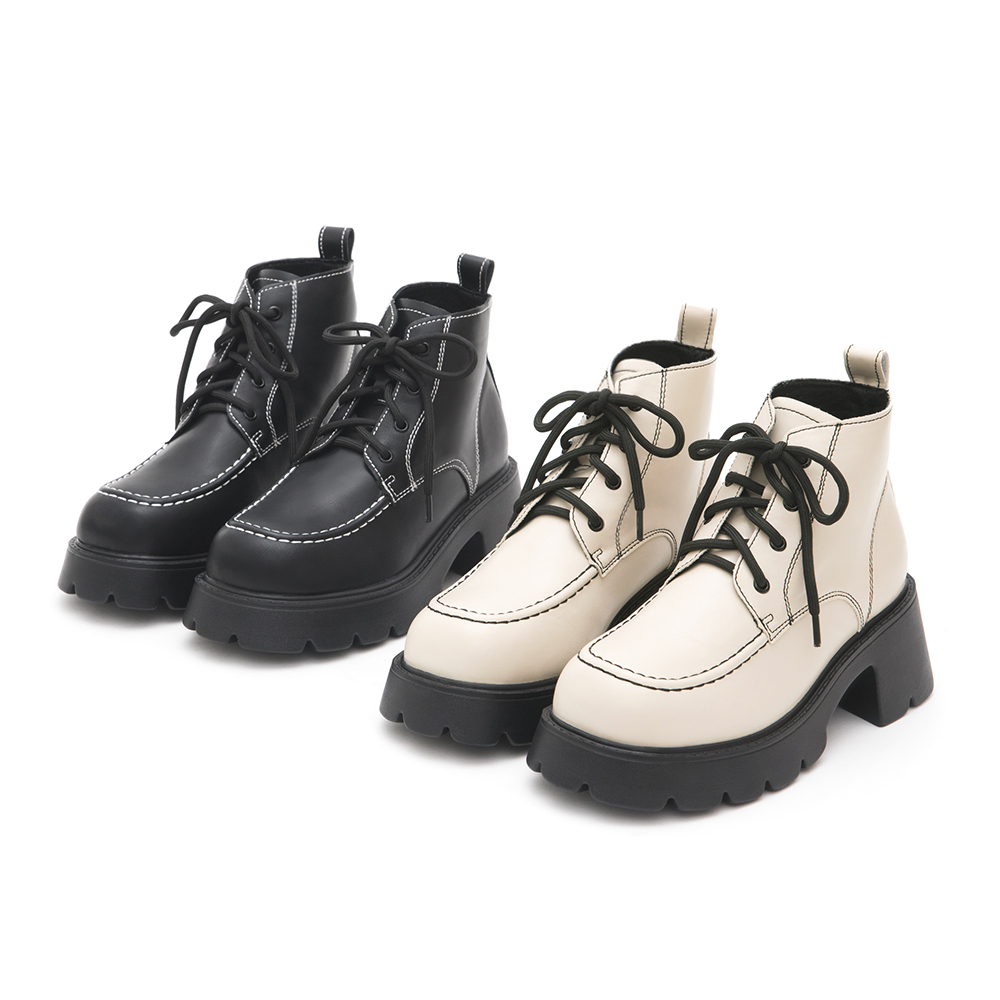 Contrast Stitched Chunky Lace-up Boots Black