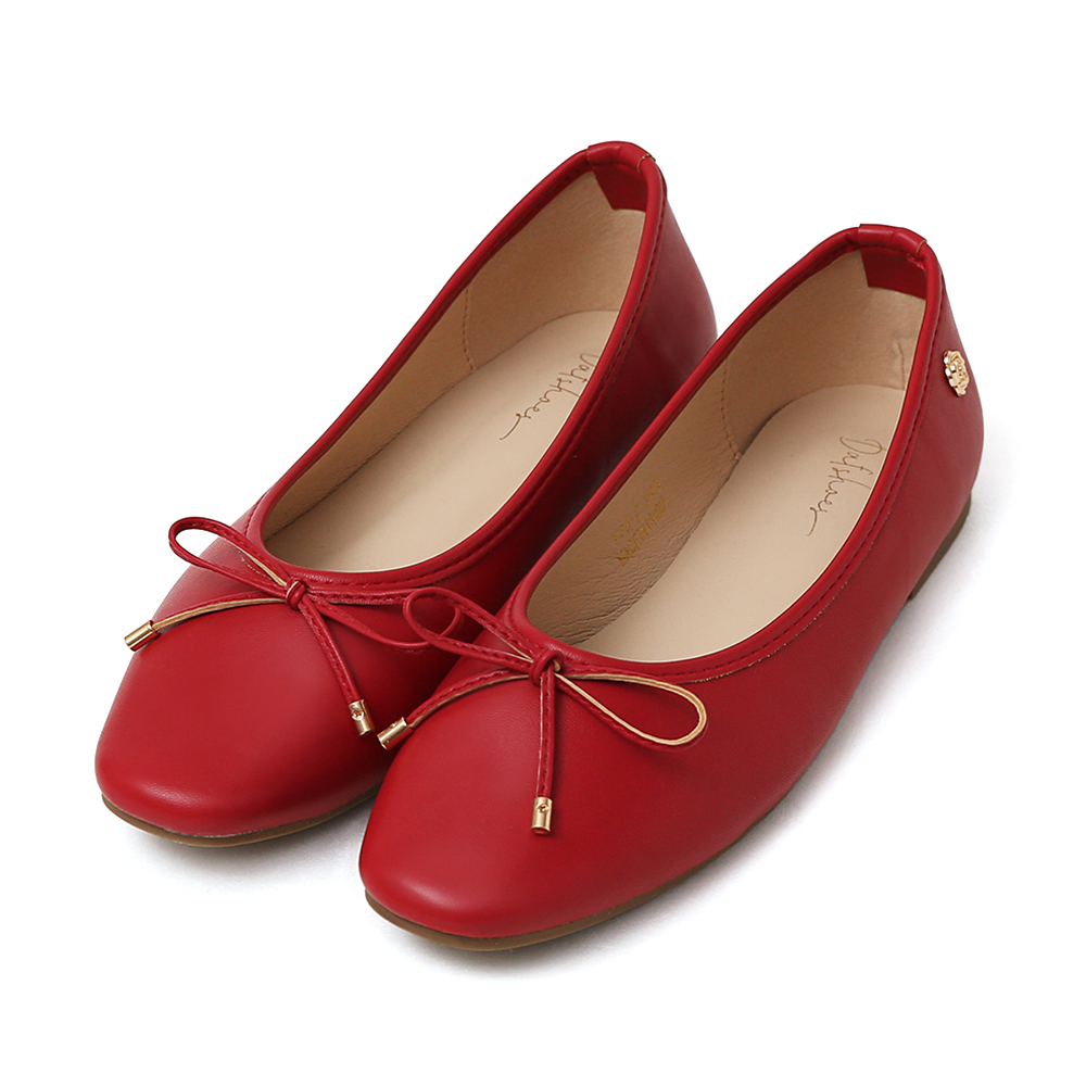 浪漫花釦．小蝴蝶結平底芭蕾娃娃鞋 魅力紅