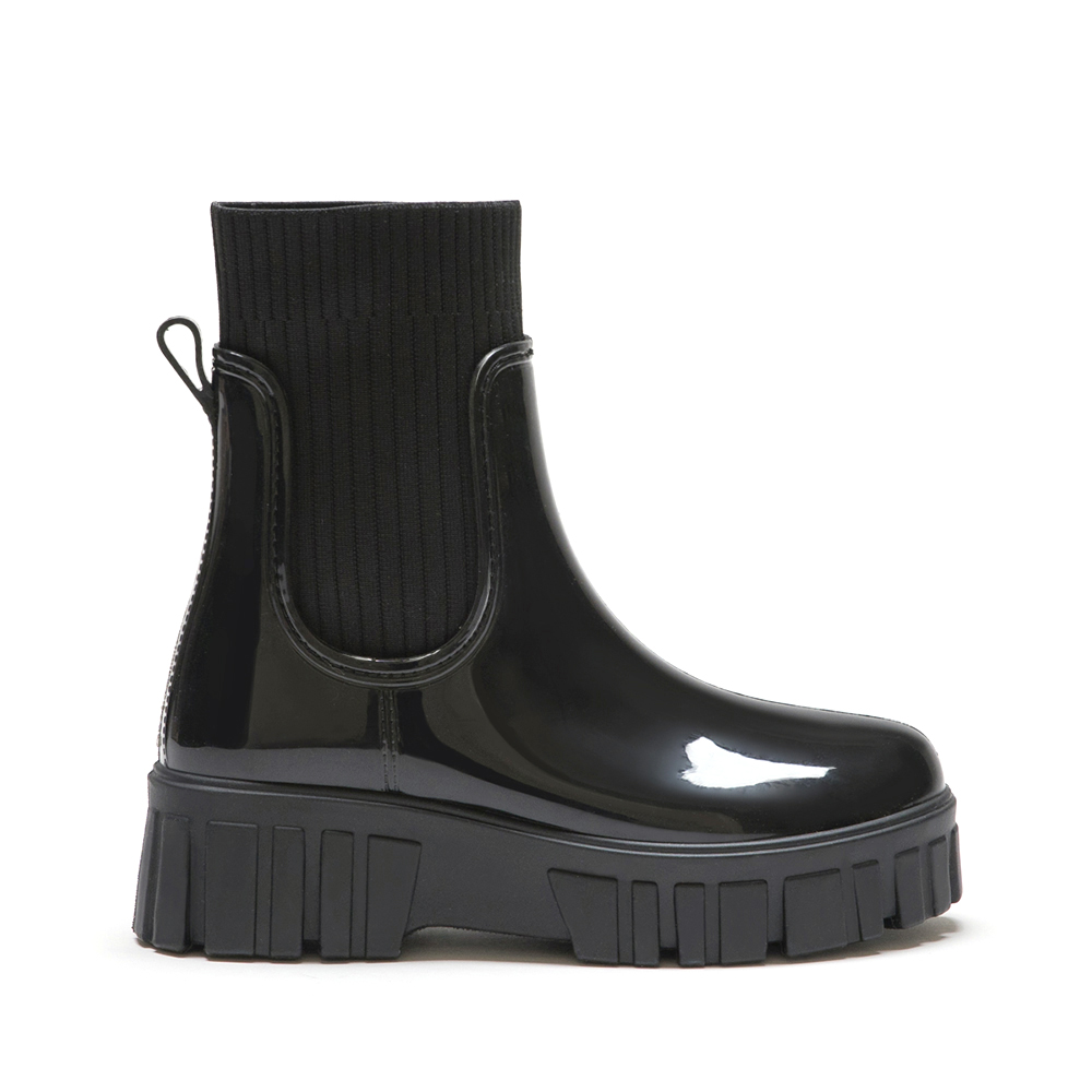 潮人時尚．鋸齒底針織拼接短筒雨靴 時尚黑
